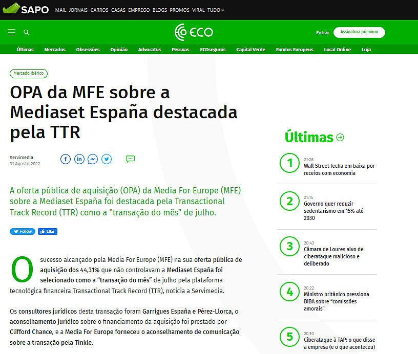 OPA da MFE sobre a Mediaset Espaa destacada pela TTR